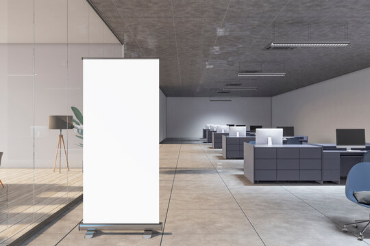 Modern minimalistic coworking interior with empty white mock up roll up banner and furniture. 3D Rendering.