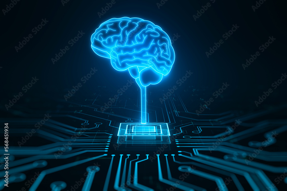 Fototapete Futuristic design of artificial Intelligence brain with circuit board. Learning process and problem solving concept. Abstract digital technology background. 3D Rendering.