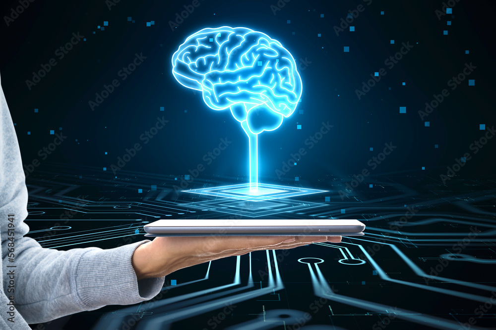 Poster Close up of hacker hand holding tablet with glowing circuit brain hologram on dark background. AI, machine learning and futuristic technology concept.