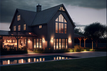 Exterior of a modern, luxurious and stylish farmhouse at night with a swimming pool | Generative Ai | Exterior design | Beautifully lit Farmhouse | Architectural design - obrazy, fototapety, plakaty