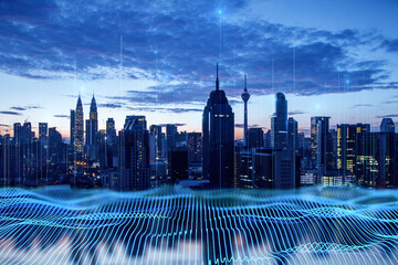 Fototapeta na wymiar Big data transmission technology concept with digital blue wavy wires on night city skyline background, double exposure