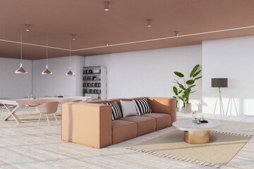 Simple concrete and wooden dining room interior with furniture and daylight. 3D Rendering.