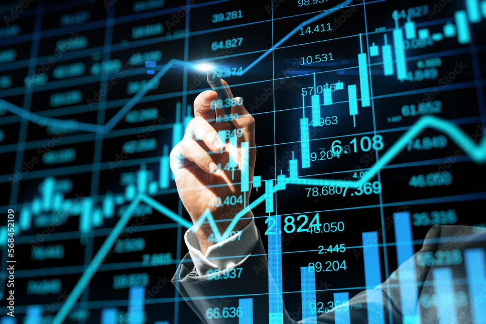 Aufkleber Economy growth, analytics and trading concept with man hand using stylus touching virtual screen with financial chart rising indicators and graphs, double exposure
