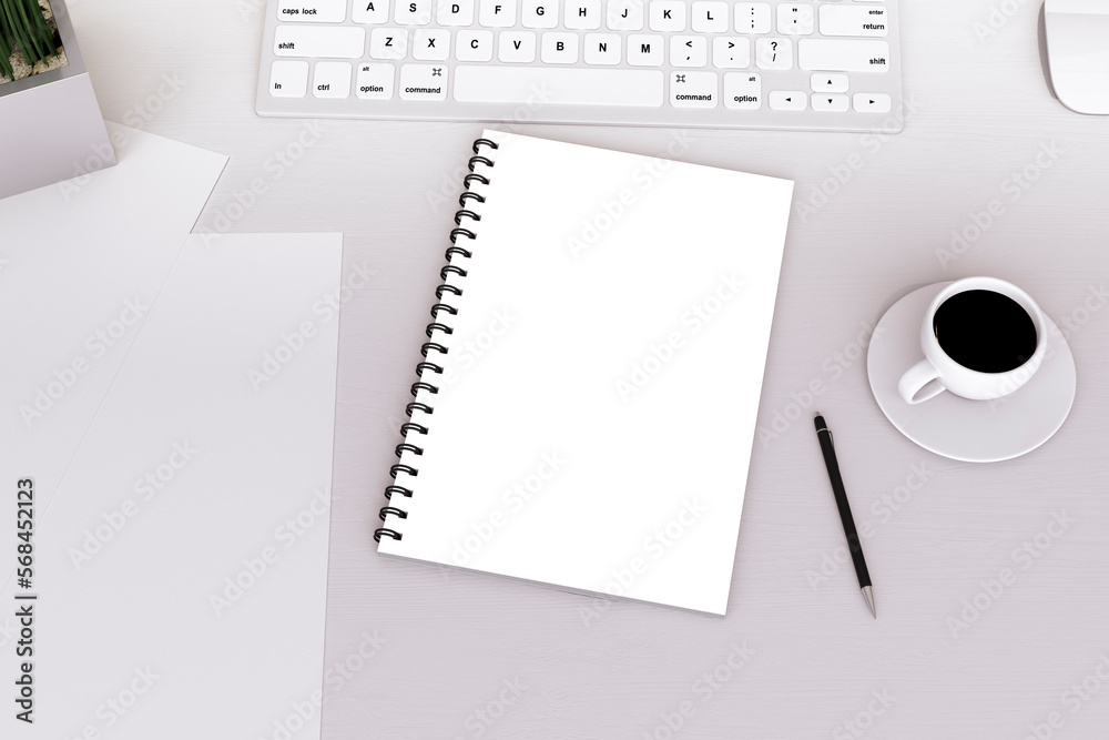 Poster Top view of light workplace with empty white notepad, pen and coffee cup. Workspace concept. 3D Rendering.