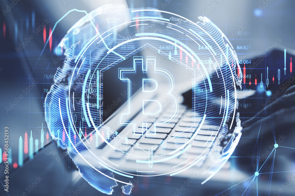 Poster close up of businessman hands using laptop with glowing bitcoin hologram on blurry background. crypt