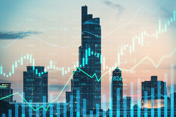 Naklejka na ściany i meble Real estate, investing and business concept with digital growing financial chart candlestick and diagram on night city skyscrapers background, double exposure