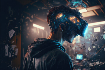 Fototapeta premium portrait of a person with futuristic vitural reality helmet, vr, dystopian, hacker Generative AI