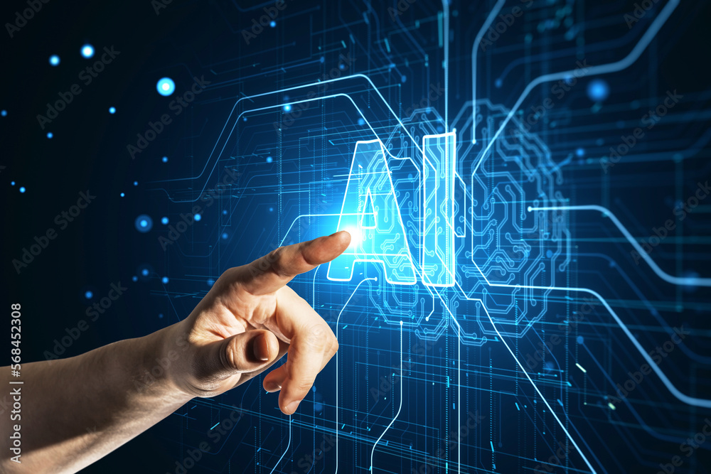 Poster close up of male hand pointing at glowing circuit brain ai hologram on dark background. artificial i