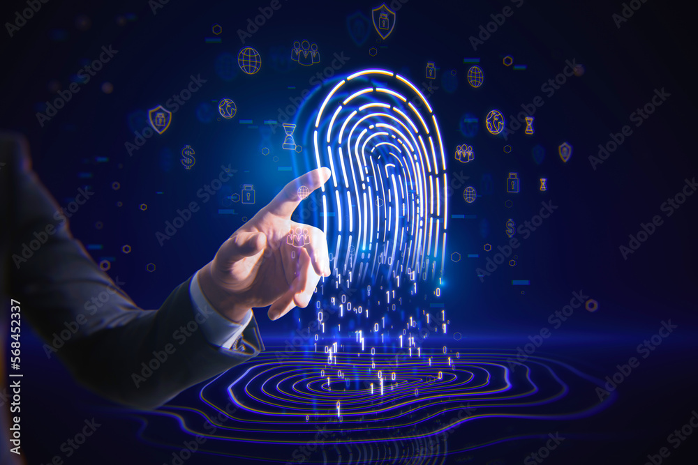 Poster Business security, biometric data and scan user concept with businessman finger touching digital blue fingerprint made of coding numbers on abstract dark background with social network icons