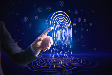 Business security, biometric data and scan user concept with businessman finger touching digital blue fingerprint made of coding numbers on abstract dark background with social network icons