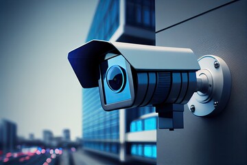 CCTV security camera on wall of the building in city. Generative AI