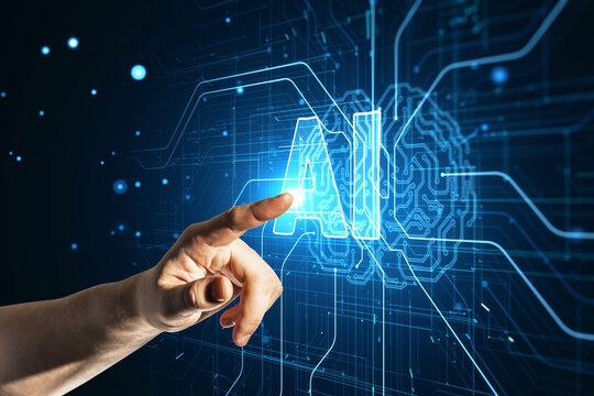 Close up of male hand pointing at glowing circuit brain AI hologram on dark background. Artificial intelligence, machine learning and futuristic technology concept.