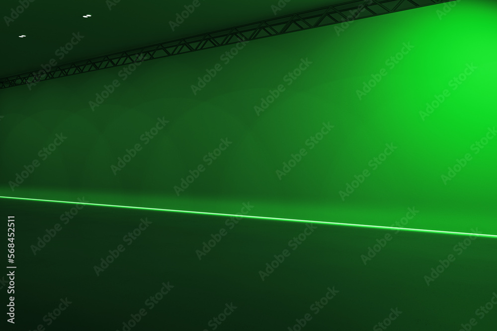 Poster creative green stage interior with mock up place on wall. performance and advertisement concept. 3d 