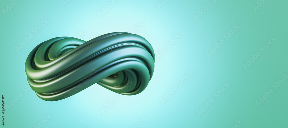 Aufkleber Abstract green swirl on wide light background with mock up place for your advertisement. Flow liquid lines design. 3D Rendering.
