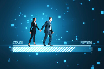 businessman and woman holding hands and walking on glowing start to finish scale on blurry tech background. 