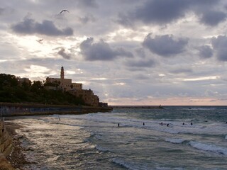 Panoramic view of Tel-Aviv, beach on Mediterranean sea.