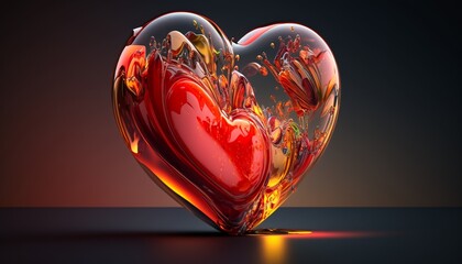 A very beautiful heart with liquid inside, shimmering in different colors, transmitting and reflecting light. High resolution.