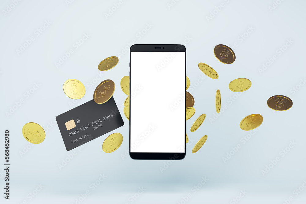 Poster Banking application concept with white blank modern cell phone with space for your logo or text on abstract light background with golden coins and black credit card with chip. 3D rendering, mock up
