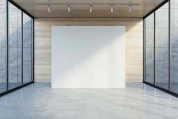 Front view on big blank white partition with space for your logo or advertising text on wooden background in empty presentation hall with transparent walls and concrete floor. 3D rendering, mockup
