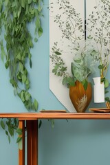 Vase with eucalyptus branches on table and folding screen near color wall - generative ai