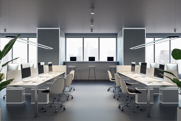 Modern concrete coworking office interior with window and city view, daylight, furniture and equipment. 3D Rendering.