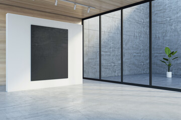 Blank black poster with place for your logo or text on light partition and concrete floor in empty presentation hall with wooden ceiling background behind glass wall. 3D rendering, mockup