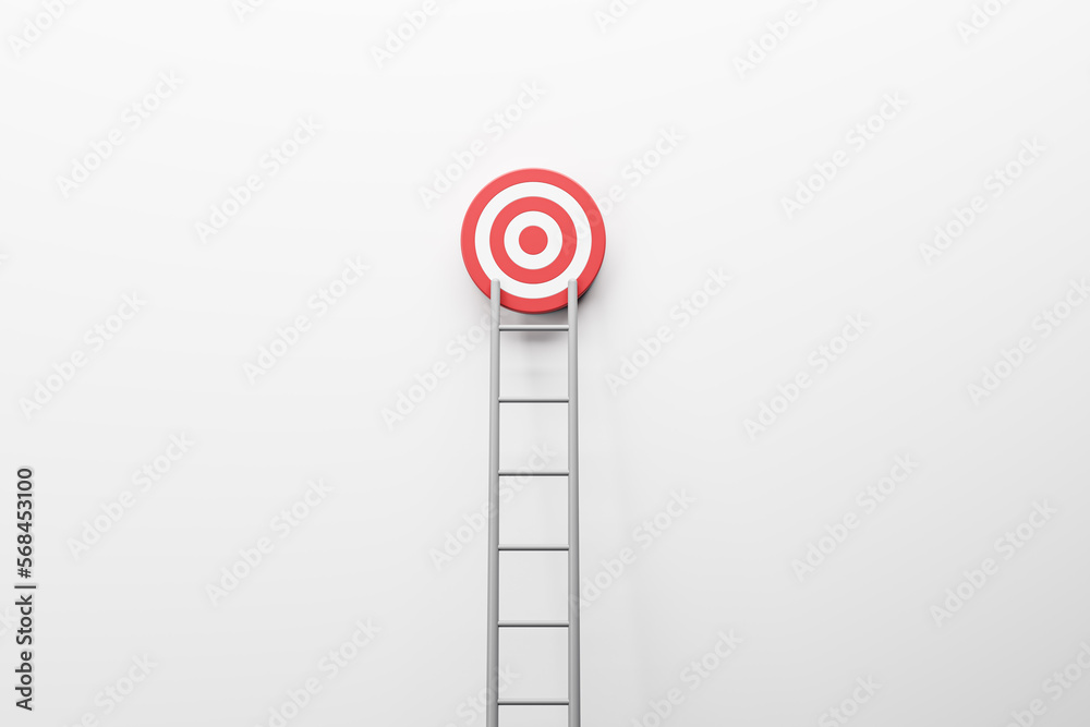 Poster business mission, planning and goal concept with grey ladder and red and white target on abstract li