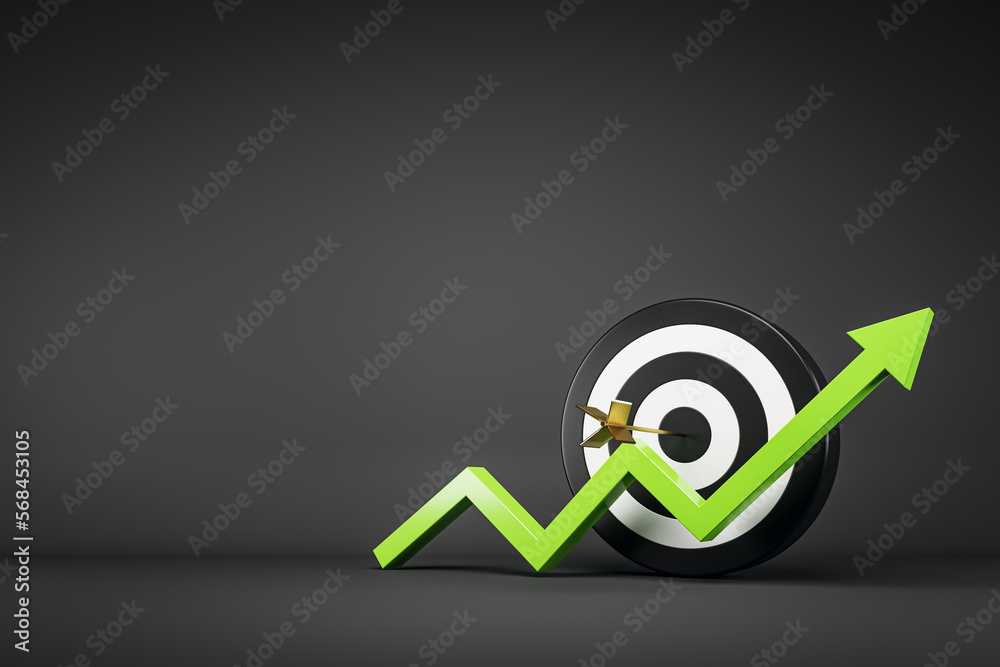 Poster target, aim and goals achievement concept with bullseye dart and graphic green growing up arrow on b
