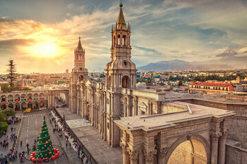 Arequipa Cathedral, view at sunset, Peru