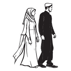 Muslim couple vector Black outline sketch illustration isolated on white background