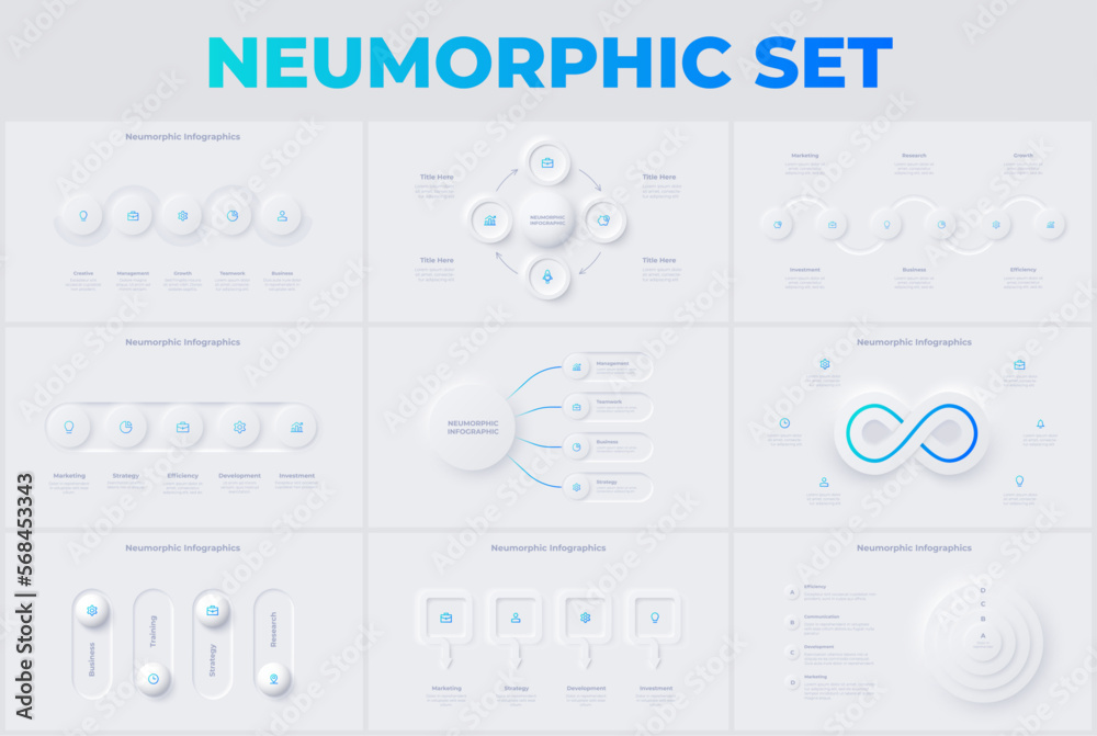 Wall mural set of light neumorphic infographic slides. business data visualization for presentation. unique neu