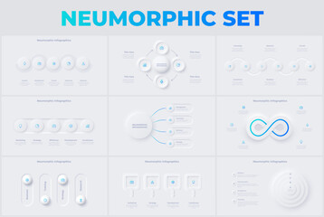 Set of light neumorphic infographic slides. Business data visualization for presentation. Unique neumorphism design set