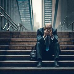 Depressed and tired businessman sitting at stair in city ,Generative Ai