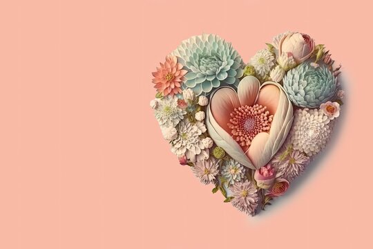 Heart shape. Heart made of flowers. Heart shape made of spring flowers on pastel background. Generative AI