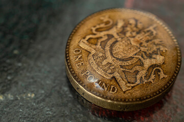 Great Britain One Pound Coin, with scratches,  Scientific demonstration and surface tension concept with water on metal