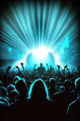 Fototapeta premium crowd of people dancing, concert crowd in front of bright blue stage light, generative ai