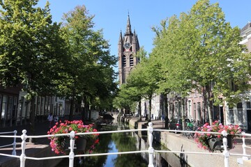 The old church tower in the old town of Delft, Netherlands