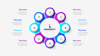 Diagram divided into 8 parts with circles. Design concept of eight steps or parts of business cycle. Infographic design template