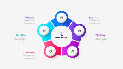 Diagram divided into 5 parts with circles. Design concept of five steps or parts of business cycle. Infographic design template