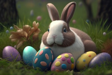 Fototapeta na wymiar Easter Egg bunny with lot of colored eggs. Generative AI