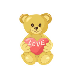 A light brown bear cub sits and holds in its paws a heart with the inscription LOVE on a square white isolated background. Painted animals. Individual objects. Vector illustration.