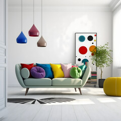 Cozy modern living room interior with Multicolor sofa and decoration room on a green or white wall background, Generative AI
