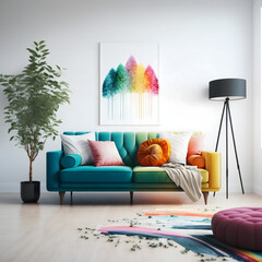 Cozy modern living room interior with Multicolor sofa and decoration room on a green or white wall background, Generative AI
