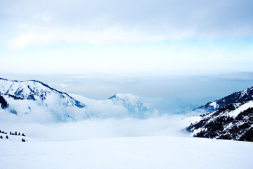 panorama of mountains. clouds on top of mountains