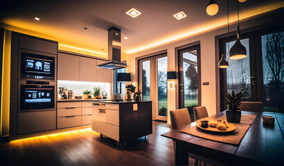 Erlebe das Zuhause der Zukunft mit diesem futuristischen Smart Home-Bild. Die moderne Architektur mit geraden Linien und einem neutralen Farbschema bietet eine perfekte Kombination aus Funktionalität 