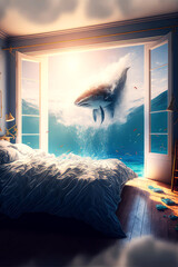 bedroom melting into the ocean, generative ai