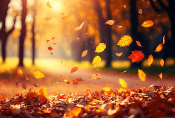 Autumn colorful bright leaves swinging in a tree in autumnal park, Autumn colorful background, fall backdrop , generative ai