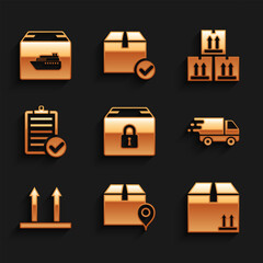 Set Locked package, Location with cardboard box, Cardboard traffic, Delivery truck in movement, This side up, Verification of delivery list, and Cargo ship boxes icon. Vector