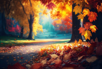 Naklejka na ściany i meble Autumn colorful bright leaves swinging in a tree in autumnal park, Autumn colorful background, fall backdrop , generative ai