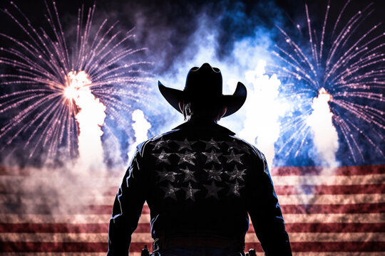 cowboy silhouette watching firework usa american flag on background patriotic design new quality universal colorful joyful memorial independence day holiday stock image illustration